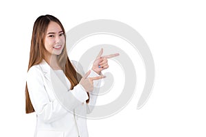 Portrait Asian professional young business woman is smiling confidently and shows her hands to present good symbol while isolated