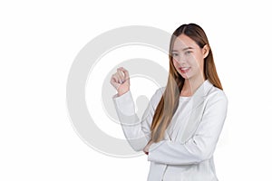 Portrait Asian professional young business woman is smiling confidently and shows her hands to present good symbol while isolated
