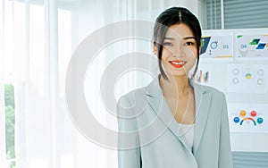 Portrait Asian smart formal beautiful attractive female businesswoman standing as leader or manager in indoor office or workplace