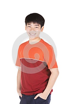 Portrait of asian smiling teen boy. Medium shot of handsome guy