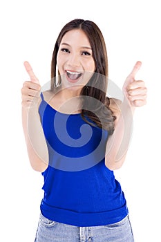 Portrait of asian smiling woman two thumbs up hand sign from beautiful women isolated on white background. Excited asia woman