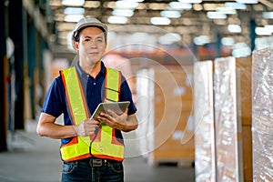 Portrait of Asian warehouse worker or manager hold tablet and look at camer also stand in front of stack of product carton.