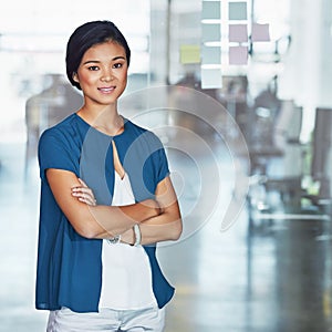 Portrait, Asian woman and arms crossed for corporate success, leadership and confidence for advertising agency, goals or