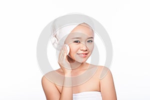 Portrait of asian woman. beautiful woman cleaning face. Beauty treatment. Pretty Girl face. Perfect skin