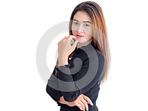 Portrait of Asian woman in on a black dress. isolated on white background.
