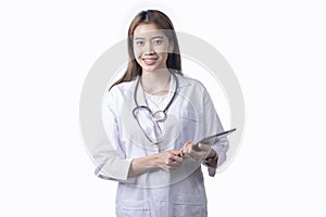 Portrait of Asian woman doctor wearing uniform holding tablet stand isolated on white background.
