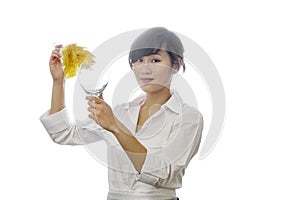 Portrait of Asian woman dusting glass with backlit over white background