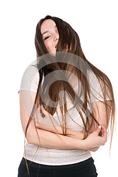 Portrait of an Asian woman with long hair isolated