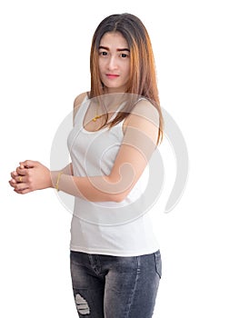 Portrait of Asian woman in white vest, isolated on white background.