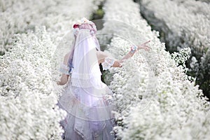 Portrait of Asian young woman with lolita fashion dress in white flower garden background