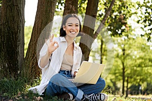 Portrait of asian young woman, student doing homework, working in park, sitting beside tree with laptop and showing okay