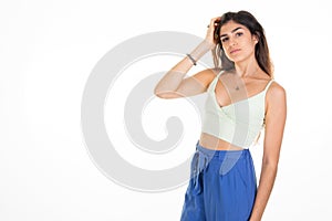 Portrait aside copy space young happy brunette woman looks in camera