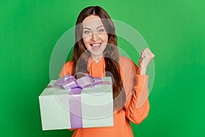 Portrait of astonished lady receive present raise fist rejoice on green background