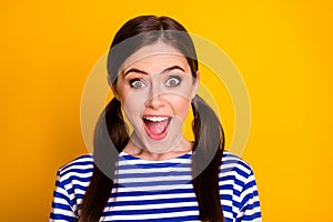 Portrait of astonished positive girl hear wonderful black friday bargain impressed scream wear good look outfit isolated