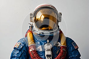 portrait of an astronaut in darkened helmet and space suit in the cosmos covered with smoke and colorful splashes