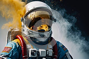 portrait of an astronaut in darkened helmet and space suit in the cosmos covered with smoke and colorful splashes