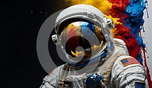 portrait of an astronaut in darkened helmet and space suit in the cosmos covered with smoke and colorful splashes