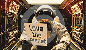 portrait of astronaut with helmet and spacesuit in spaceship showing a sign in favor of saving planet earth