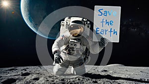 portrait of astronaut with helmet and spacesuit on the surface of the moon showing a sign in favor of saving planet earth