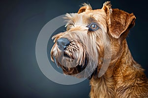 Portrait of an Attentive Brown Terrier Dog with Blue Eyes in Studio Setting with a Dark Background, Showcasing Fine Fur Details