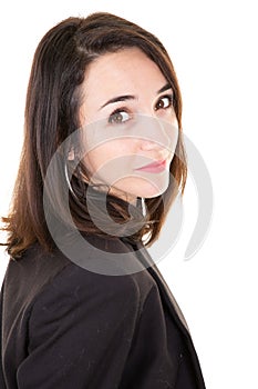 Portrait of attracive young businesswoman looking at camera isolated white background