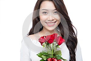 portrait of attractive asian smiling young woman isolated on white studio shot with red rose flower