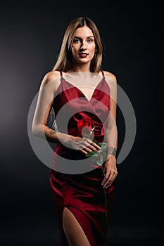 Portrait of attractive awesome fair-haired woman in red dress holding a rose