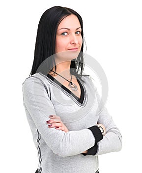 Portrait of attractive caucasian smiling woman with copyspace
