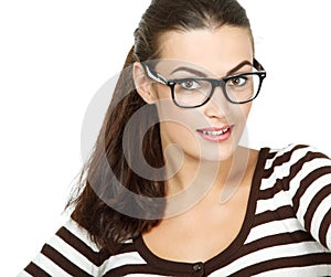 Portrait of attractive caucasian smiling woman with glasses, iso