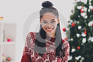 Portrait of attractive cheerful brunette girl enjoying newyear day wear ugly jumper spending vacation staying at home