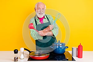Portrait of attractive cheerful funny grey-haired man making fresh meal workshop isolated over bright yellow color