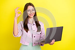 Portrait of attractive cheerful girl specialist showing ok-sign using laptop isolated over bright yellow color
