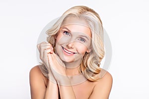 Portrait of attractive cheerful perfect woman enjoying clean clear skin laser peeling effect isolated over white color