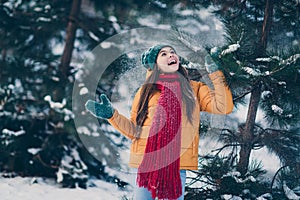Portrait of attractive cheerful pre-teen girl having fun throwing snow touching spuce eve noel time in forest outdoors