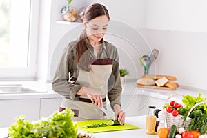 Portrait of attractive cheerful woman chopping fresh vegs bio organic menu products at home light white interior indoors