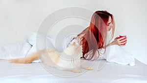 Portrait of an attractive, contented, young, sexy red-haired woman lying relaxed in bed enjoys her coffee and her cat lies beside