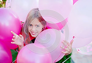 portrait attractive cute cheerful cheery girl helium balls