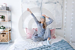 Portrait attractive cute girl enjoying time in post sleep state doing