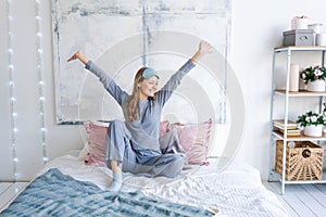 Portrait attractive cute girl enjoying time in post sleep state doing