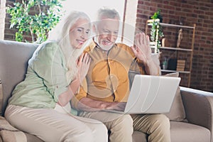 Portrait of attractive elderly cheerful couple sitting on sofa hugging making video call web cam at loft industrial