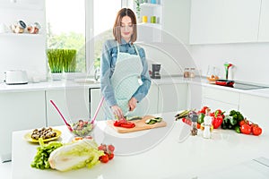 Portrait of attractive focused girl making meal chopping useful vegs weight loss at home light white kitchen indoors