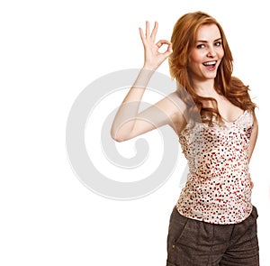 Portrait of attractive girl showing okay symbol