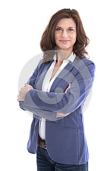 Retrato atractivo feliz mujer de negocios en blanco 