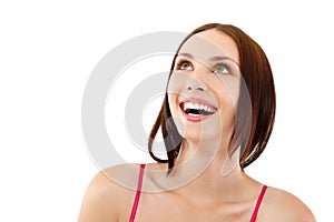 Portrait of attractive happy toothy smiling young woman photo