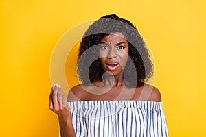 Portrait of attractive mad irritated girl saying you pretense isolated over bright yellow color background