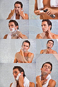 Portrait of attractive man shaving his beard in the bathroom