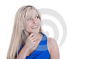 Portrait of attractive mature woman looking sideways isolated over white.