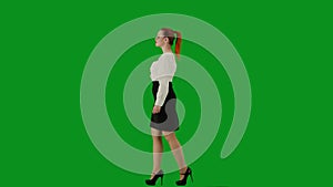 Portrait of attractive office girl on chroma key green screen. Woman in skirt and blouse walking cutely. Side view.