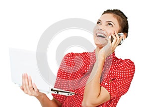 Portrait of attractive surprised excited smile business woman