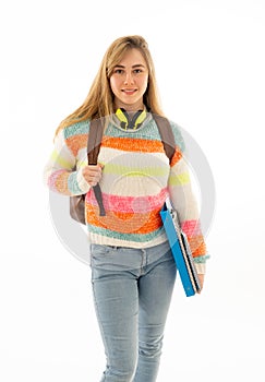 Portrait of attractive teenager girl with backpack happy with student lifestyle and learning